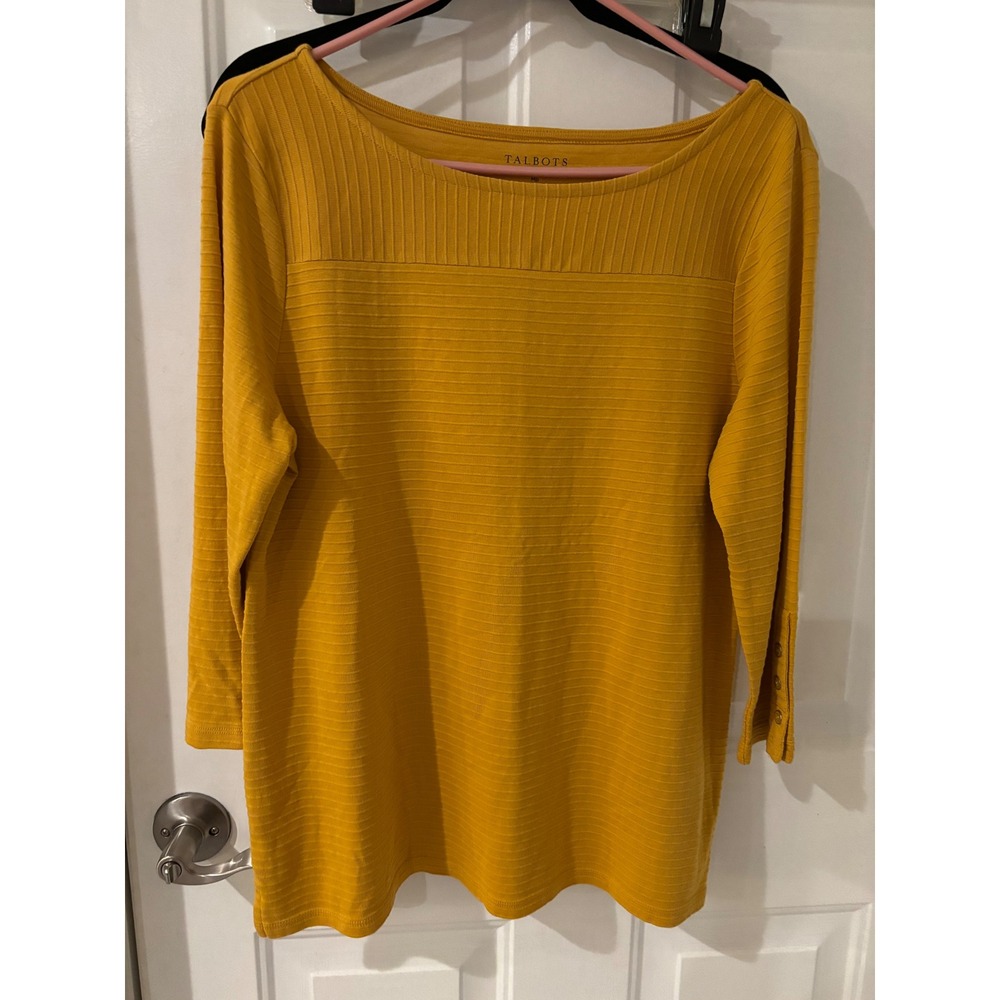 Talbots Pima Cotton Ribbed Knit Top Boat Neck 3/4 Sleeve Mustard‎ Yellow MP